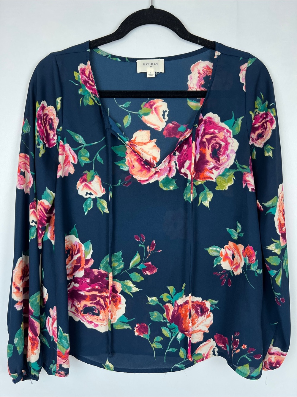 Everly Navy Floral Tie-Front V-Neck Blouse - Picture 2 of 6